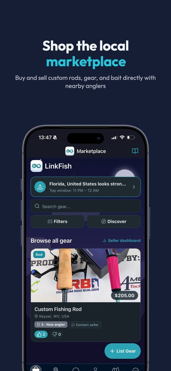 Shop the local marketplace: buy and sell custom rods, gear, and bait directly with nearby anglers