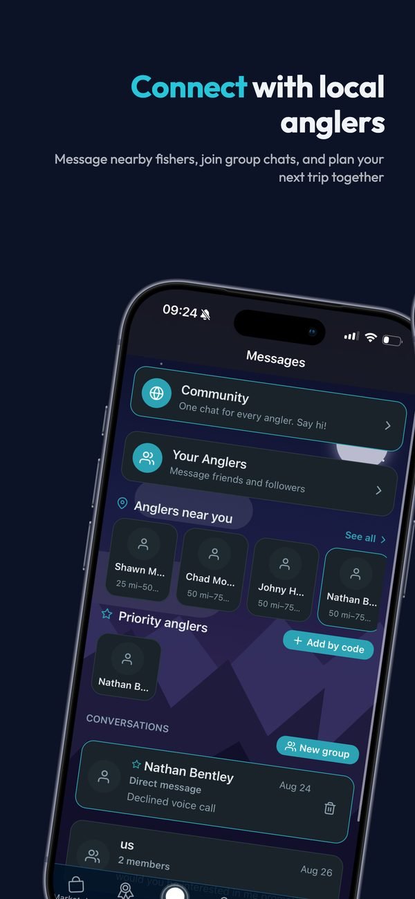 Connect with local anglers: message nearby fishers, join group chats, and plan your next trip together